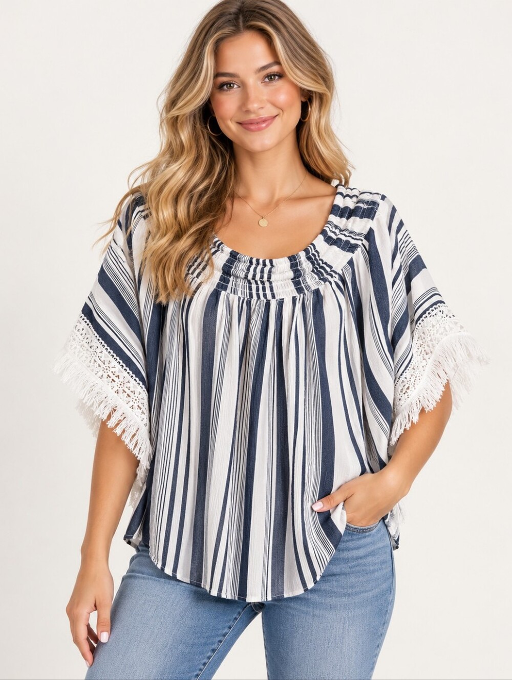 Mud Pie Navy and White Striped Off-Shoulder Top Boho Festival Size M/L